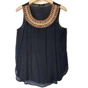 Black Sleeveless Tank Top Large Embroidered Neckline Semi Sheer Ethnic